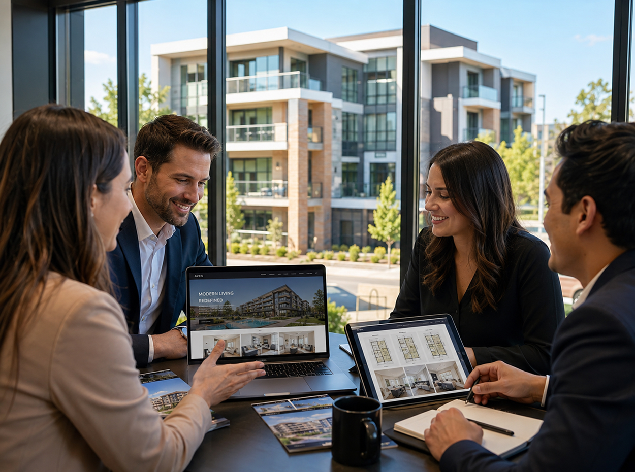 Centralized leasing operations image showing two people dscussing work